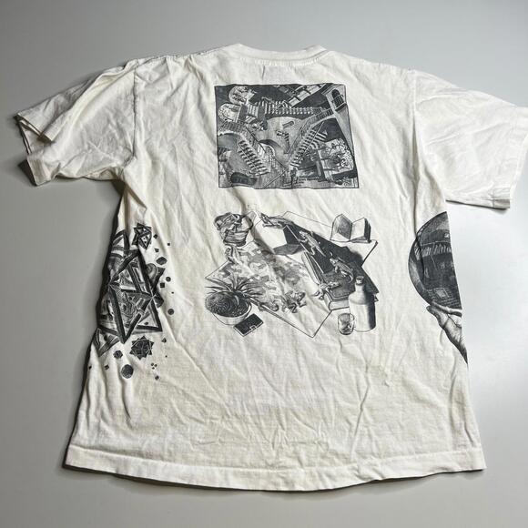 Vintage M.C. Escher Art T Shirt Soft Tee USA Made White Graphic Mens L 1991 90s - Picture 10 of 12